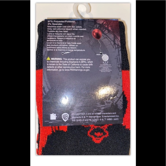 IT Pennywise Crew Socks 2 Pair Men 6-12 Gray Black Red Clown Horror Killer Float - Picture 4 of 12